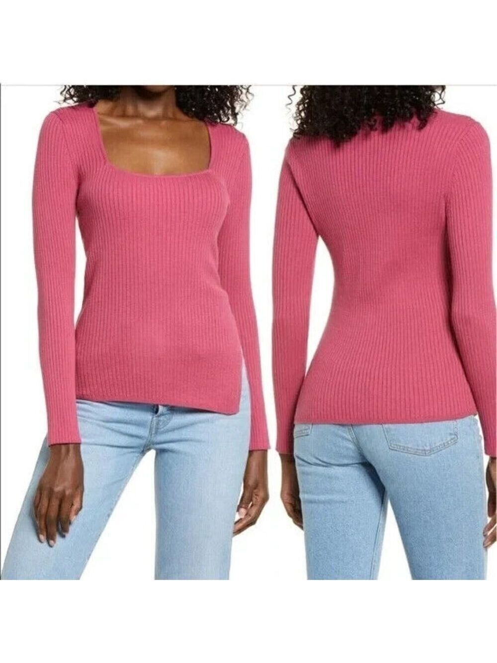 𝅺open Edit BNWOT Women Ribbed Scoop Neck Sweater Sz Small Pink Malaga